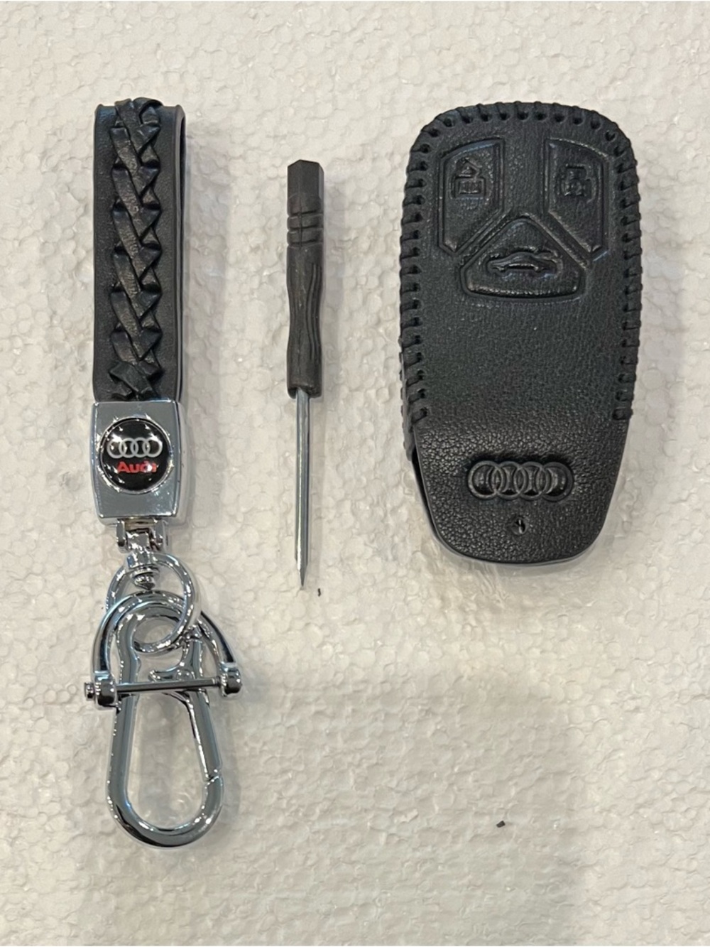 AUDI Black Braided Leather Chrome Keychain & Black Leather Key Fob Case Cover
